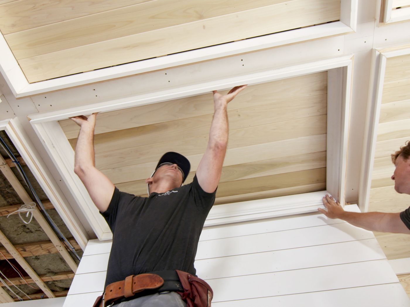 Jeff Sweenor, Tom Silva, and Kevin O'Connor discuss adding crown molding to coffered ceiling at the Westerly House