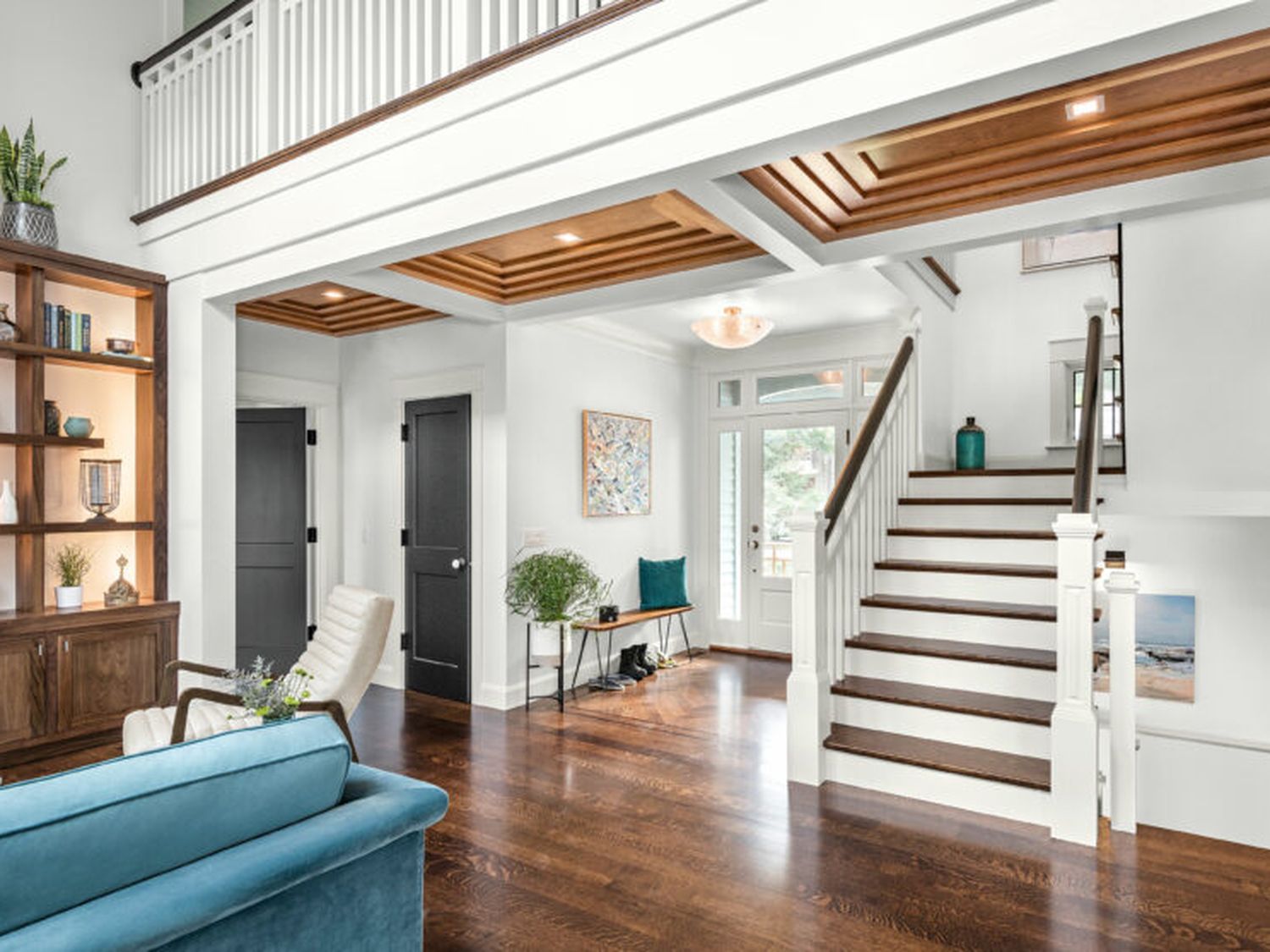 Hardwood flooring installed in the entryway of a house