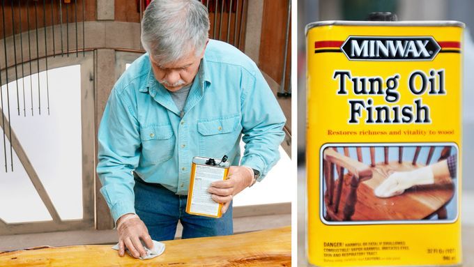 A man applying tung oil to a wooden table.