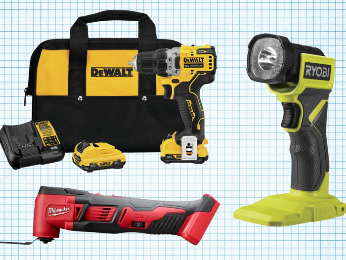 DEWALT XTREME 12V Cordless Drill / Driver Kit, Milwaukee Cordless Orbiting Multi-Tool, and RYOBI Cordless LED Flashlight isolated on a grid paper background