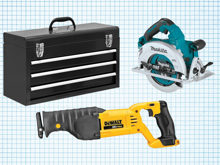 A black toolbox, Makita cordless circular saw, and DEWALT reciprocatig saw against a blue graph paper background. Lead image for Best Labor Day Tool Sales Guide.