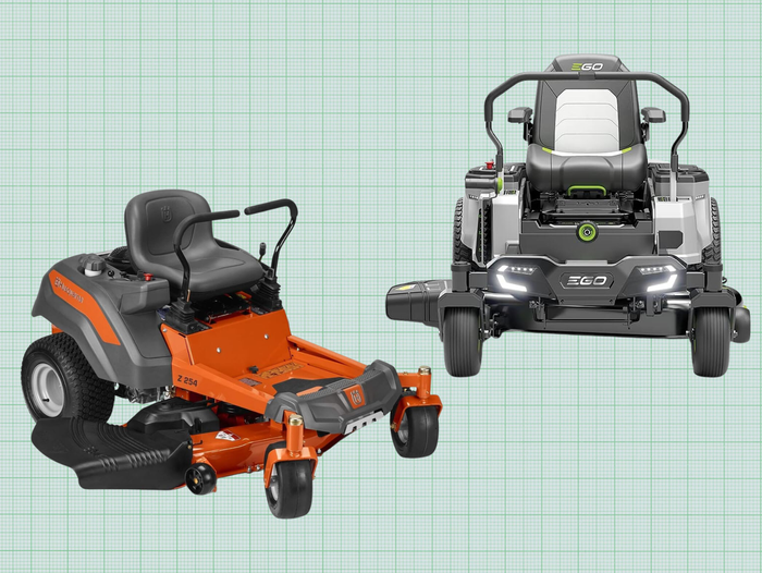 EGO POWER+ZT4204L Zero Turn Riding Mower and Husqvarna Z254 Hydrostatic Zero Turn Riding Mower isolated on a green grid paper background